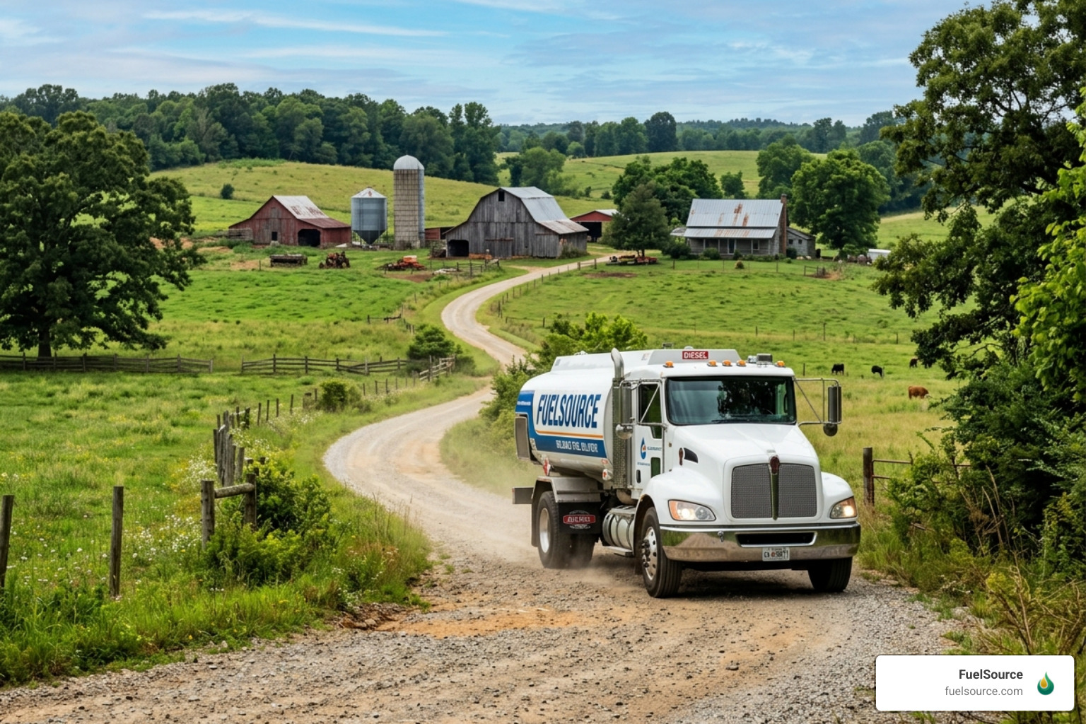 A FuelSource delivery truck navigating a rural Georgia road to reach a remote farm site - diesel delivery farming Georgia