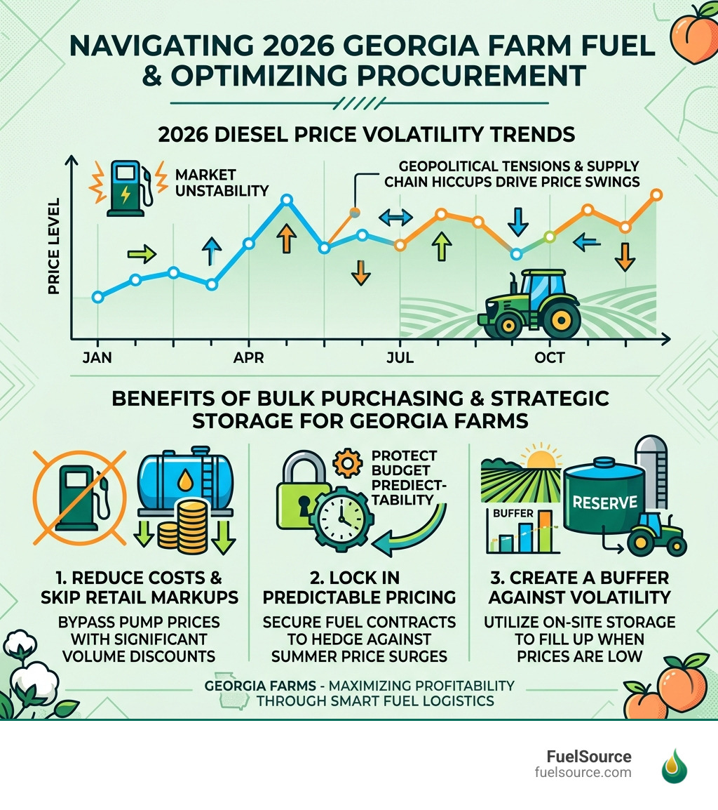Infographic showing 2026 fuel price trends and the benefits of bulk purchasing for Georgia farms - diesel delivery farming