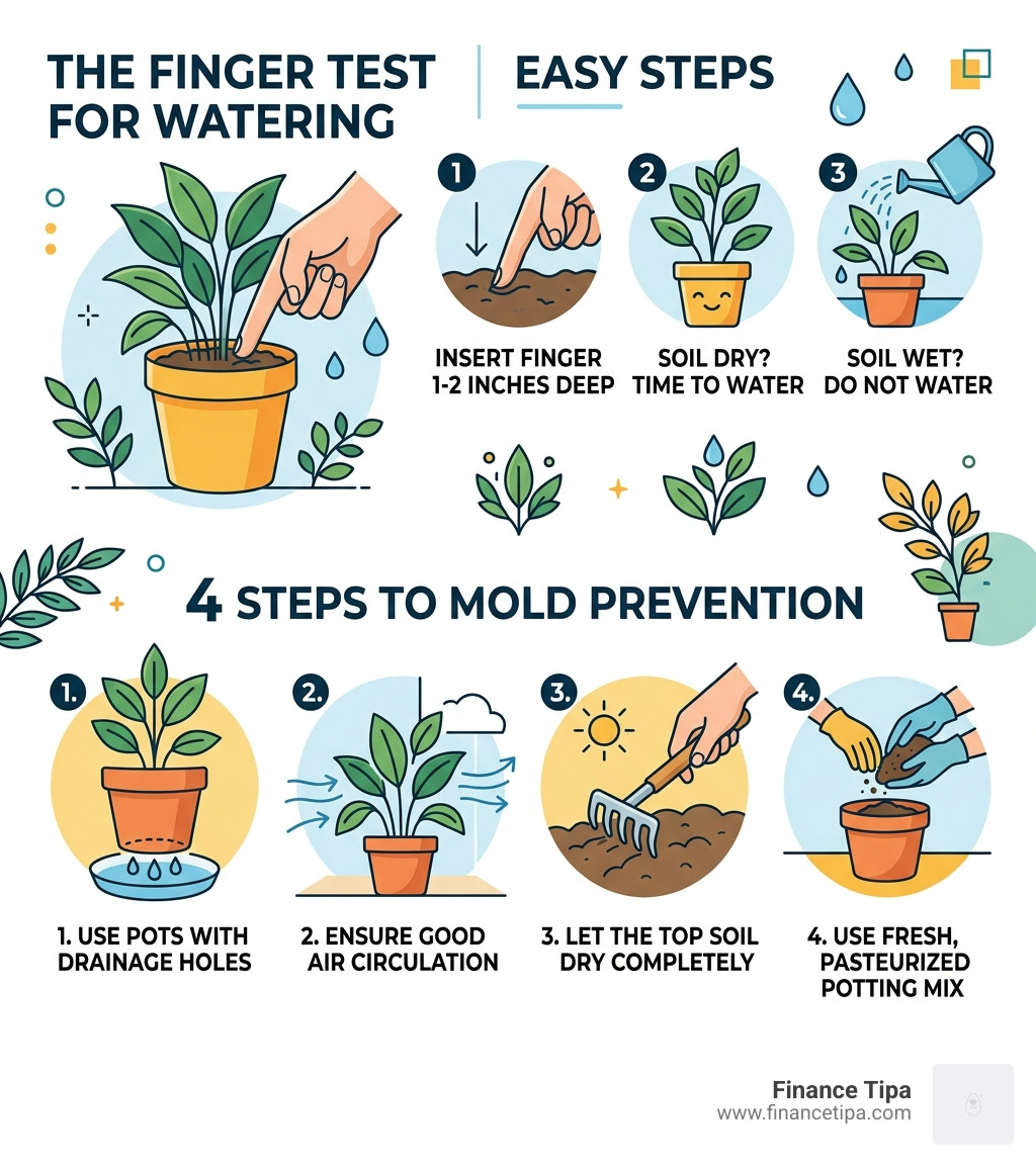 Infographic showing the "Finger Test" for watering and a 4-step guide to mold prevention - houseplants for allergy sufferers
