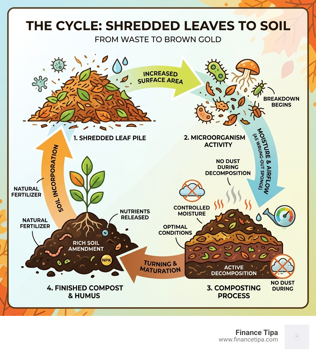 infographic showing the decomposition cycle of shredded leaves from pile to soil - fall leaf dust control infographic 