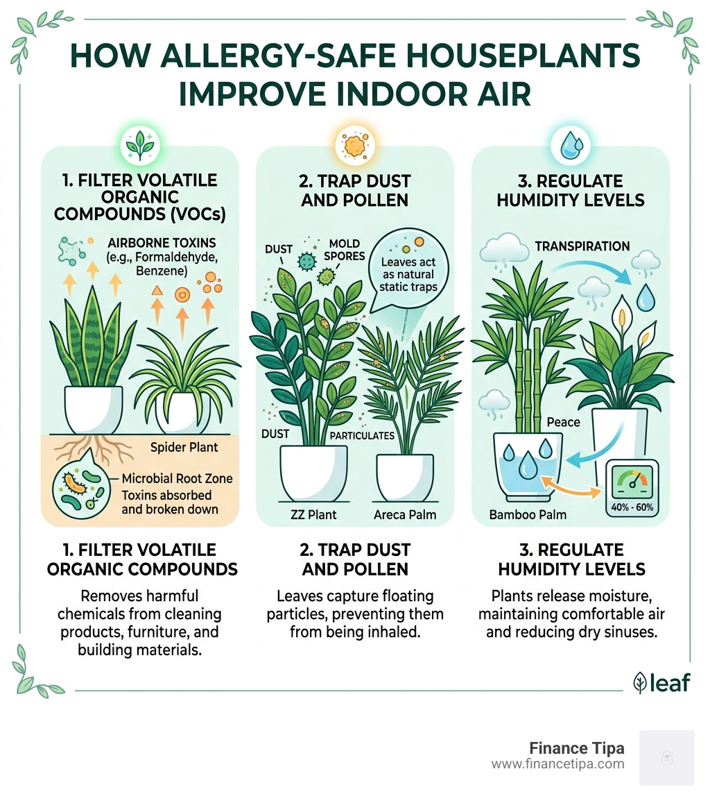 Infographic showing how allergy-safe houseplants filter VOCs, trap dust, and regulate humidity indoors - houseplants for
