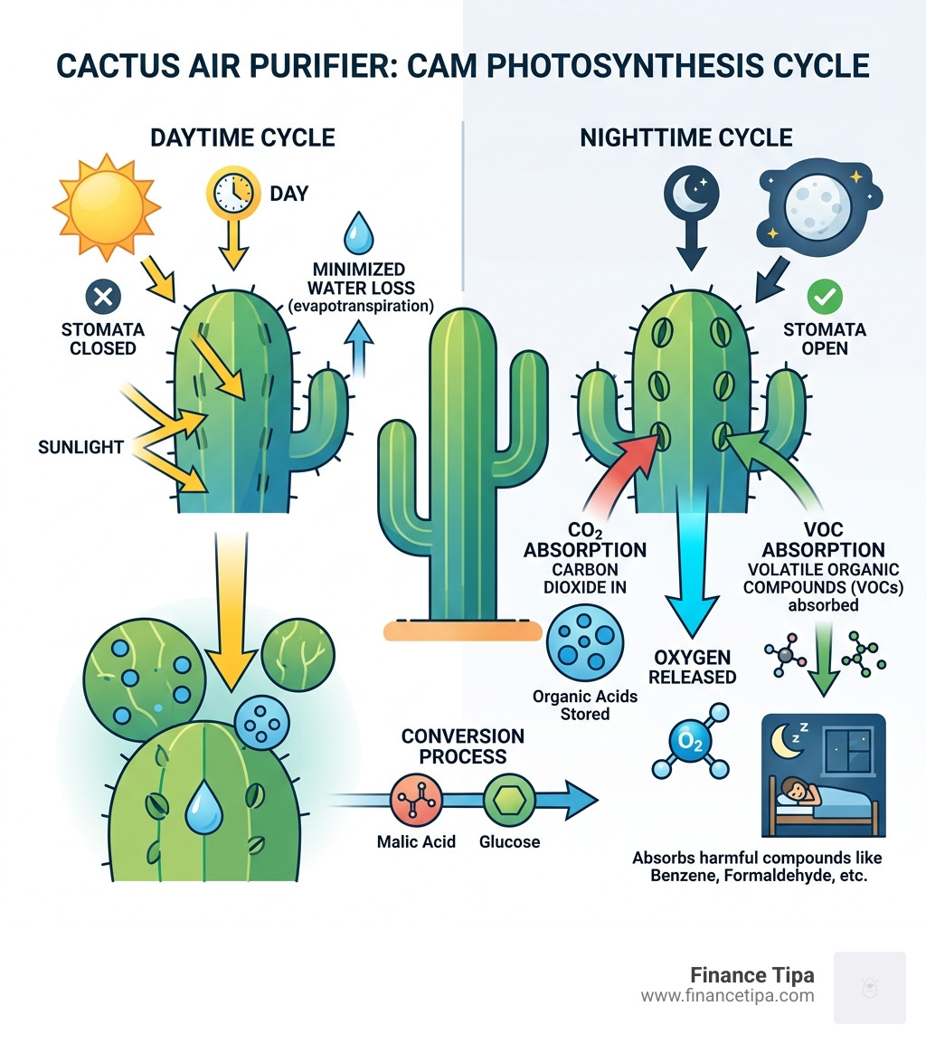 Infographic showing CAM photosynthesis process in cacti and nighttime oxygen release cycle - cactus air purifier infographic 