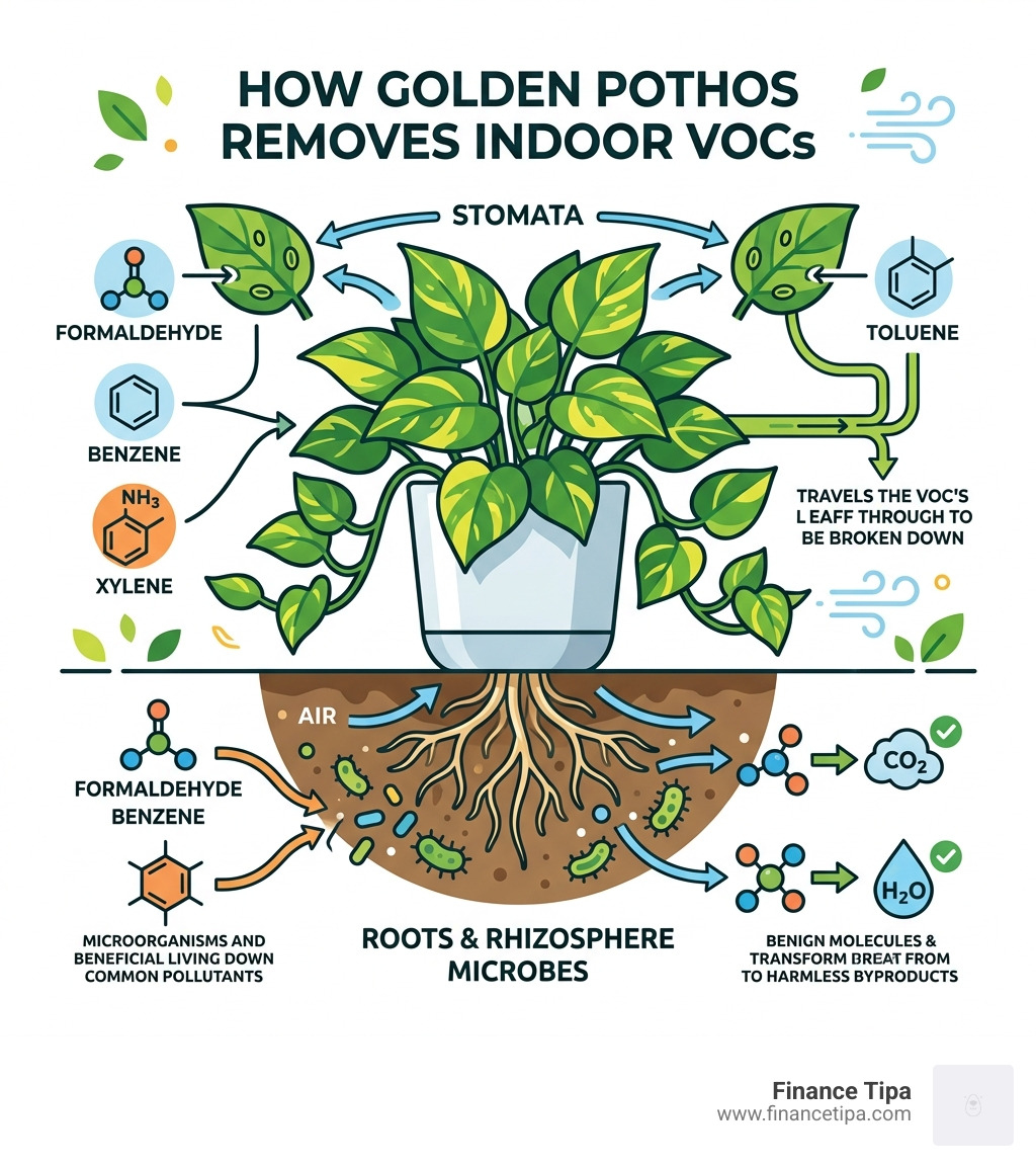 infographic showing how golden pothos leaves and roots remove indoor VOCs through phytoremediation - golden pothos removes