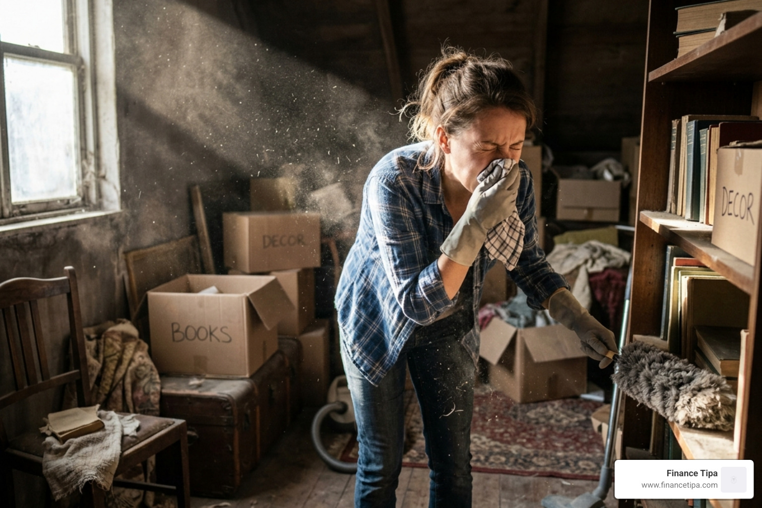 Person sneezing in a dusty room while cleaning - natural dust allergy relief