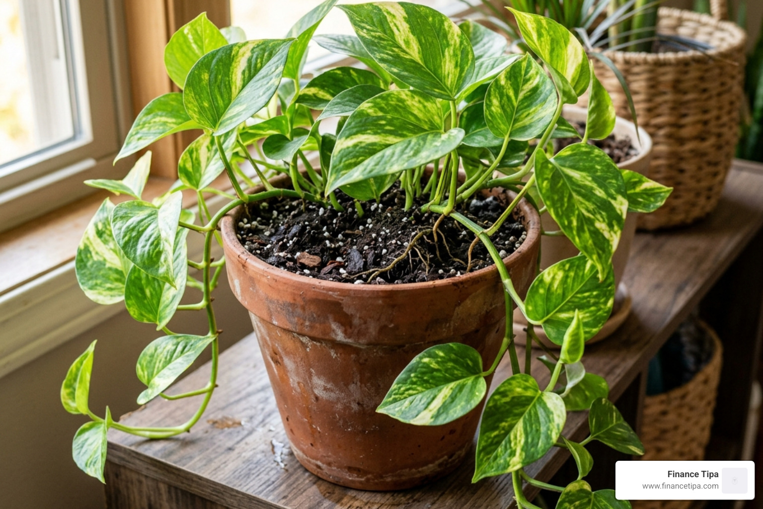 pothos plant in high-quality potting soil showing healthy growth - golden pothos removes indoor chemicals