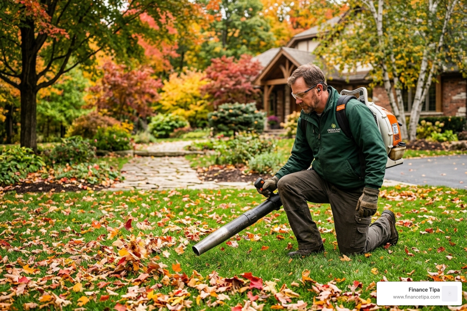 professional using a leaf blower at a low angle to minimize airborne debris - fall leaf dust control