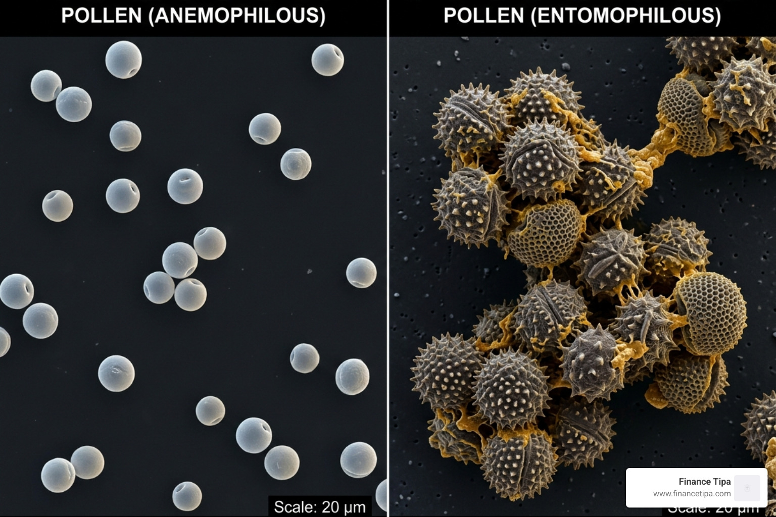 Microscopic view of lightweight wind-borne pollen versus heavy, sticky insect pollen - houseplants for allergy sufferers