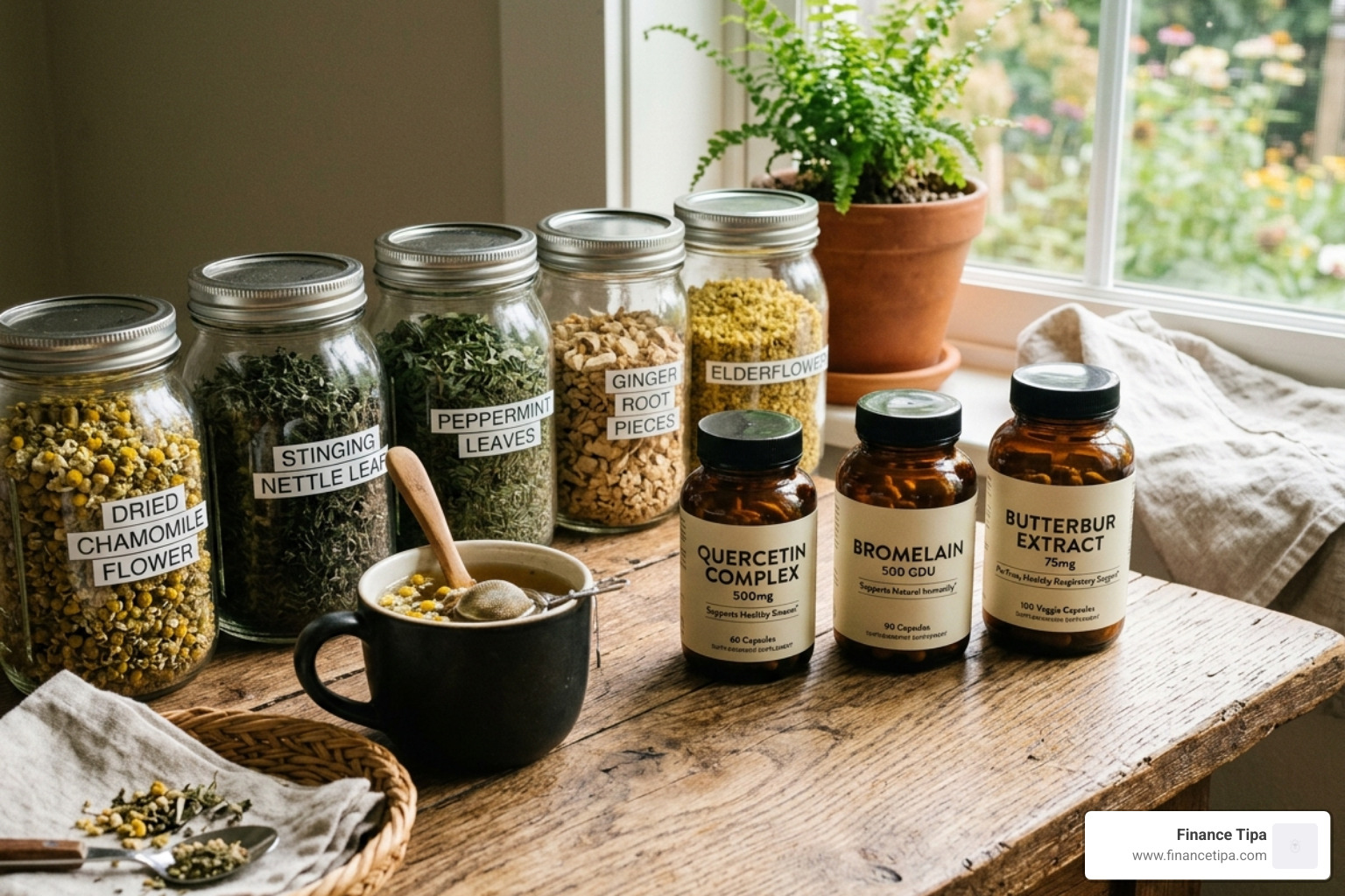 Selection of herbal teas and natural supplements for allergy relief - natural dust allergy relief