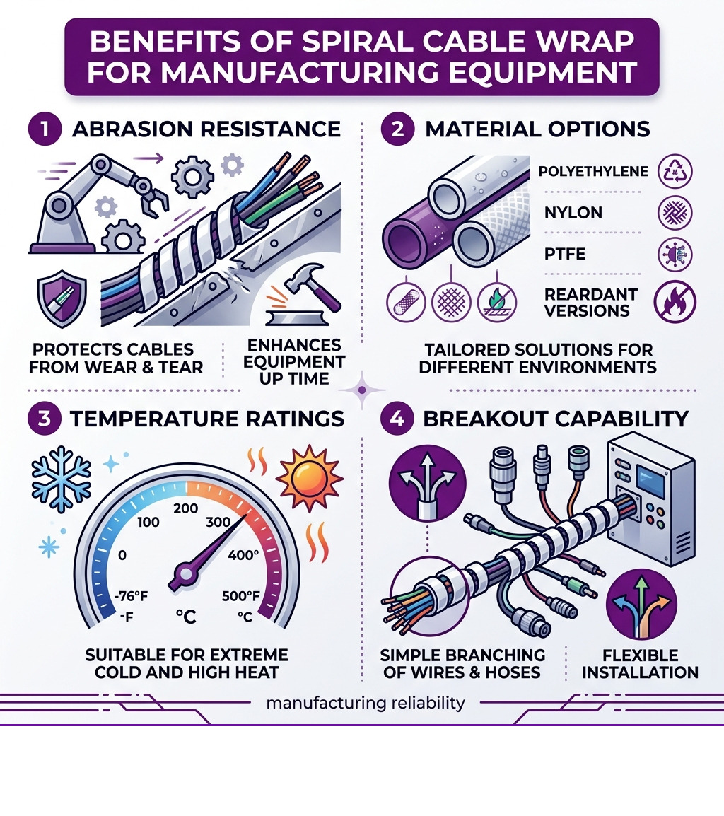 Infographic showing key benefits of spiral cable wrap for manufacturing equipment including abrasion resistance, material Infographic showing key benefits of spiral cable wrap for manufacturing equipment including abrasion resistance, material