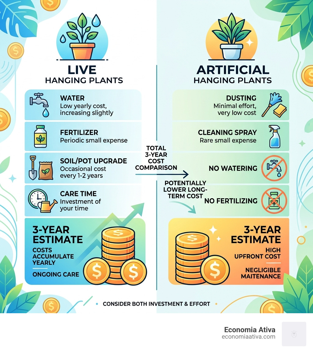 Infographic showing maintenance costs of live vs artificial plants over 3 years - cheapest hanging plants infographic 