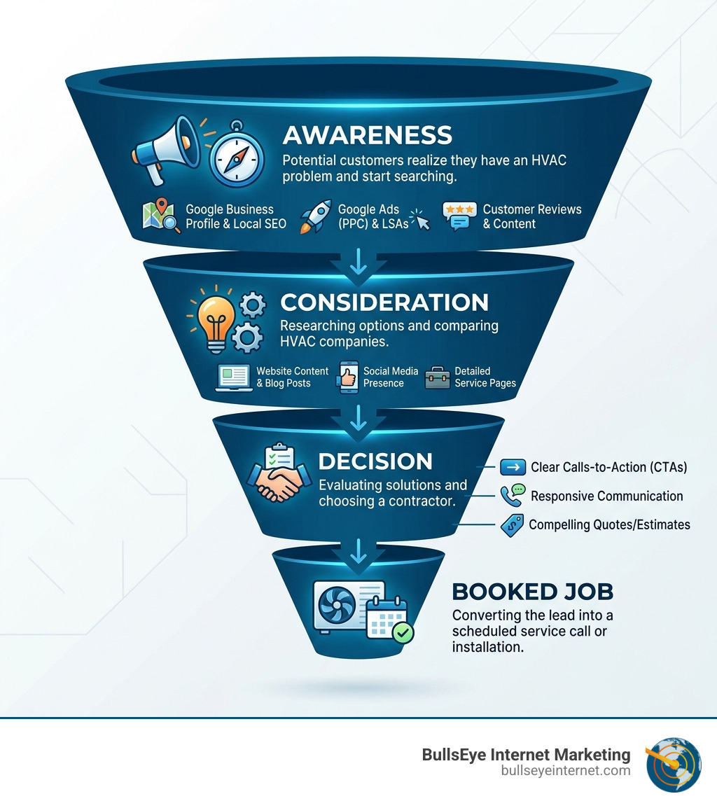 HVAC lead generation funnel infographic illustrating stages: Awareness, Consideration, Decision, and Booked Job, with associated strategies like Google Ads, social media presence, and clear calls-to-action, branded by BullsEye Internet Marketing.