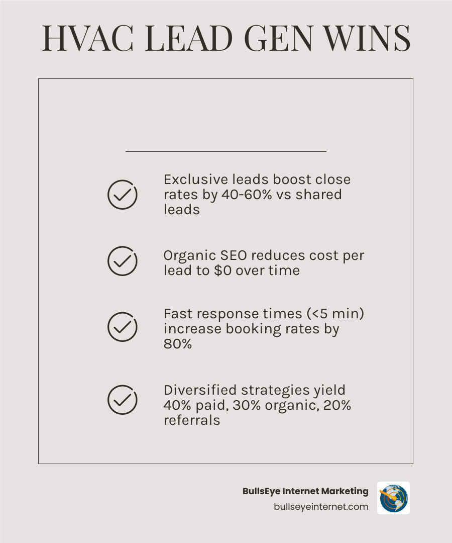 HVAC lead generation wins infographic highlighting exclusive leads, organic SEO benefits, fast response times, and diversified marketing strategies, featuring BullsEye Internet Marketing branding.