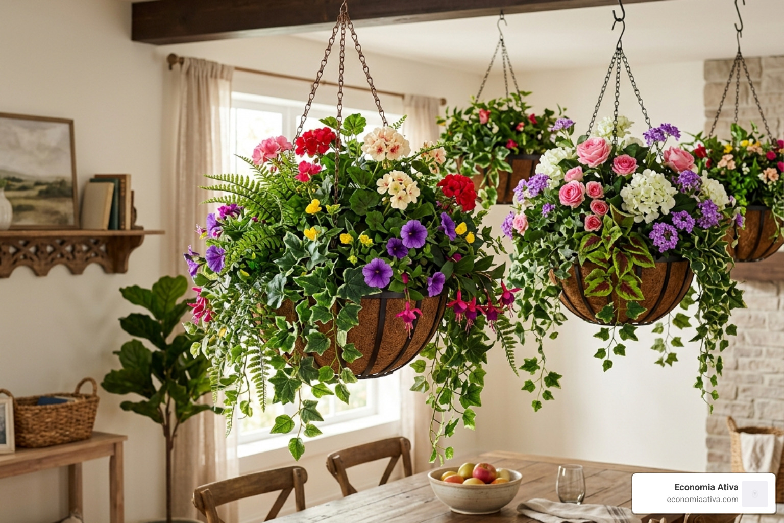 Artificial hanging baskets featuring lush greenery and flowers - cheapest hanging plants