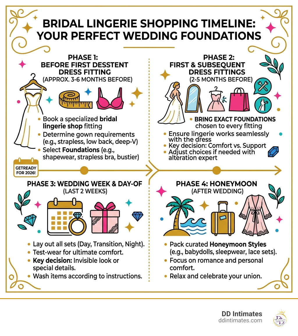 Bridal lingerie shopping timeline from dress fitting to honeymoon with key decision points - Bridal lingerie shop