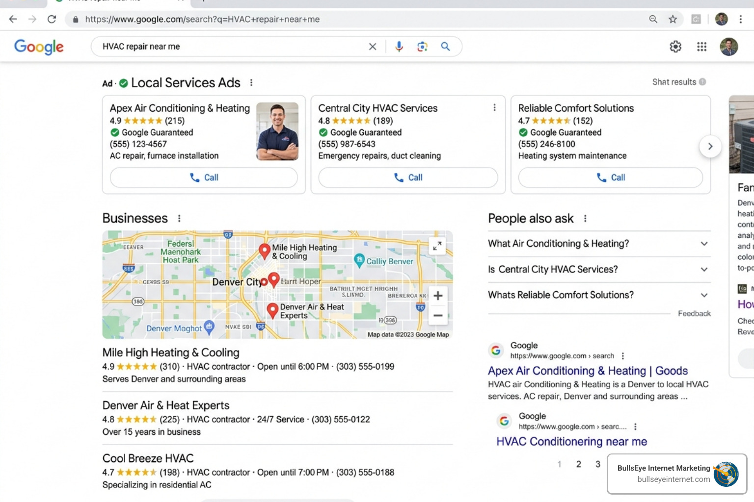 Google search results page displaying Local Services Ads for HVAC repair, featuring various contractors with ratings, contact information, and a map of Denver businesses related to HVAC services.