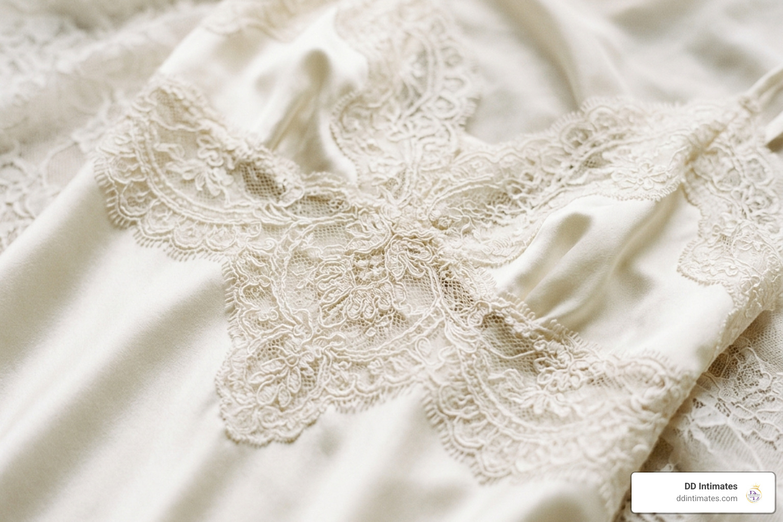 Detailed close-up of ivory lace and silk bridal lingerie fabric - Bridal lingerie shop
