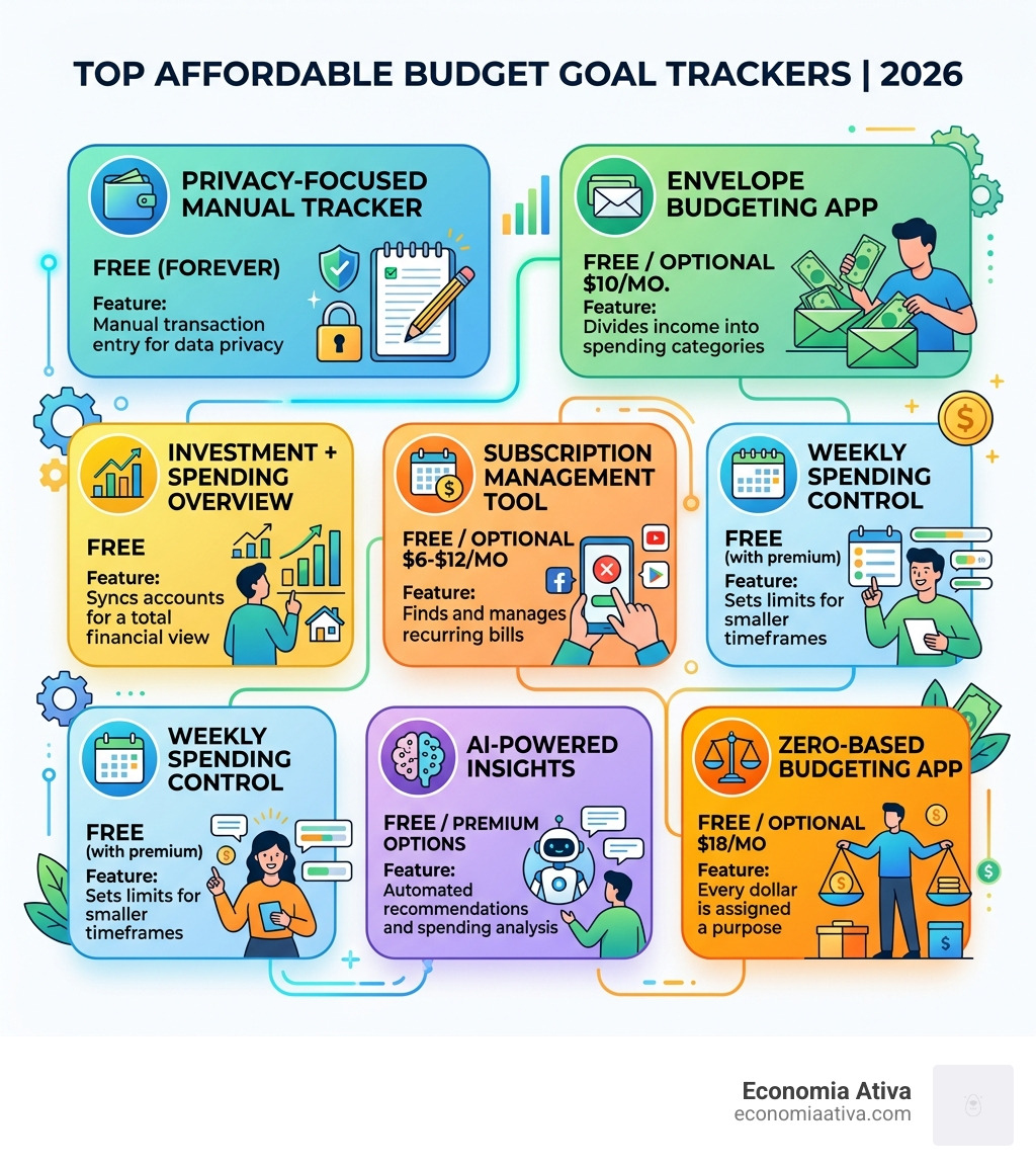 Infographic showing top affordable budget goal trackers with pricing and key features for 2026 - affordable budget goal