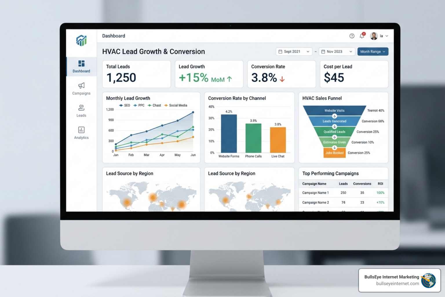 Dashboard displaying HVAC lead growth metrics, including total leads, monthly lead trends, conversion rates by channel, and lead sources by region, showcasing data analytics for effective HVAC lead generation strategies.