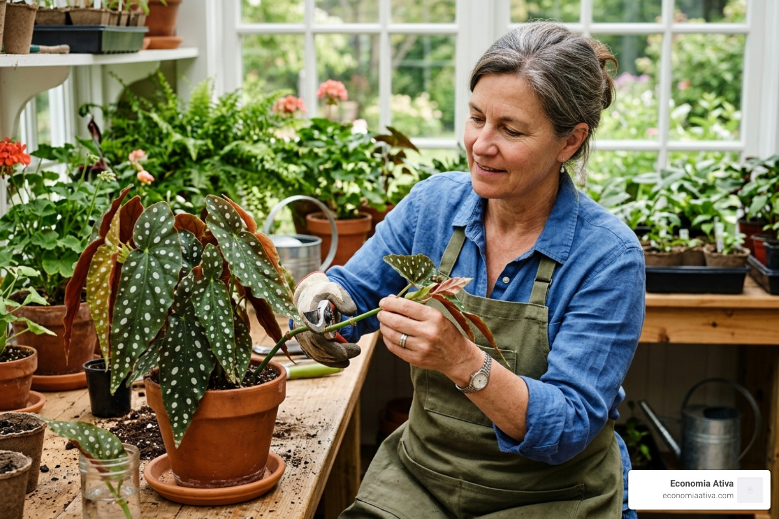 A gardener taking a stem cutting from a begonia plant - begonia care tips