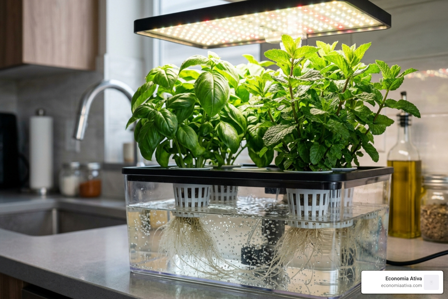 hydroponic water reservoir and LED lights - counter herb grower