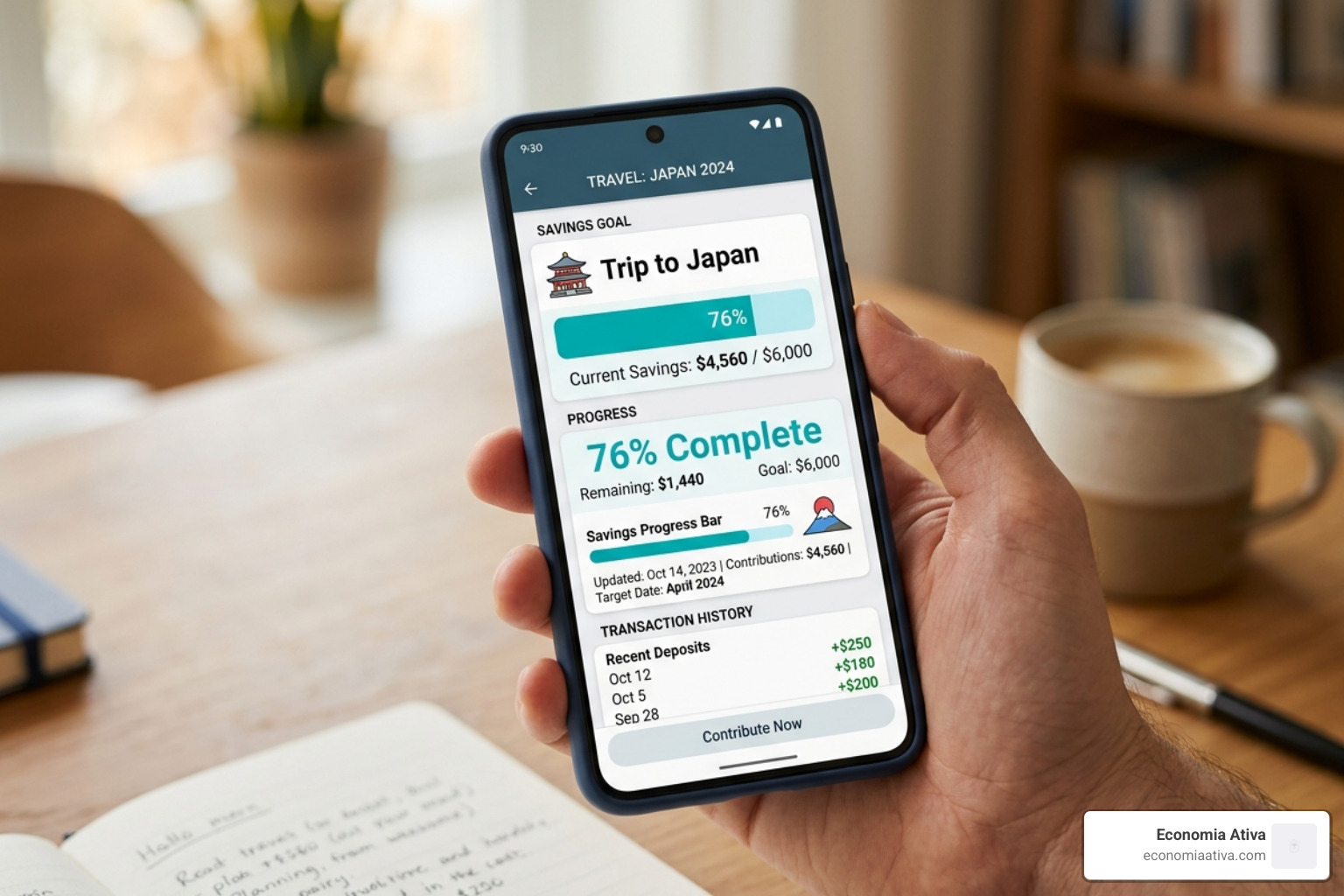 Savings Goal progress bar showing 75% completion on a mobile screen - affordable budget goal trackers
