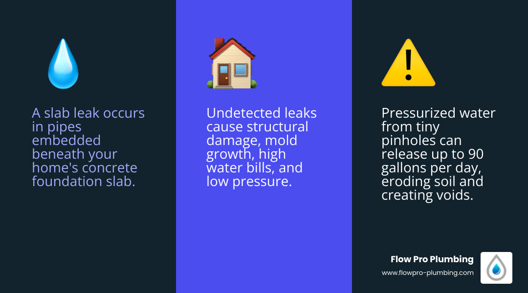 Infographic showing anatomy of a slab leak including foundation slab, pipe location, leak point, and warning signs - what is Infographic showing anatomy of a slab leak including foundation slab, pipe location, leak point, and warning signs - what is