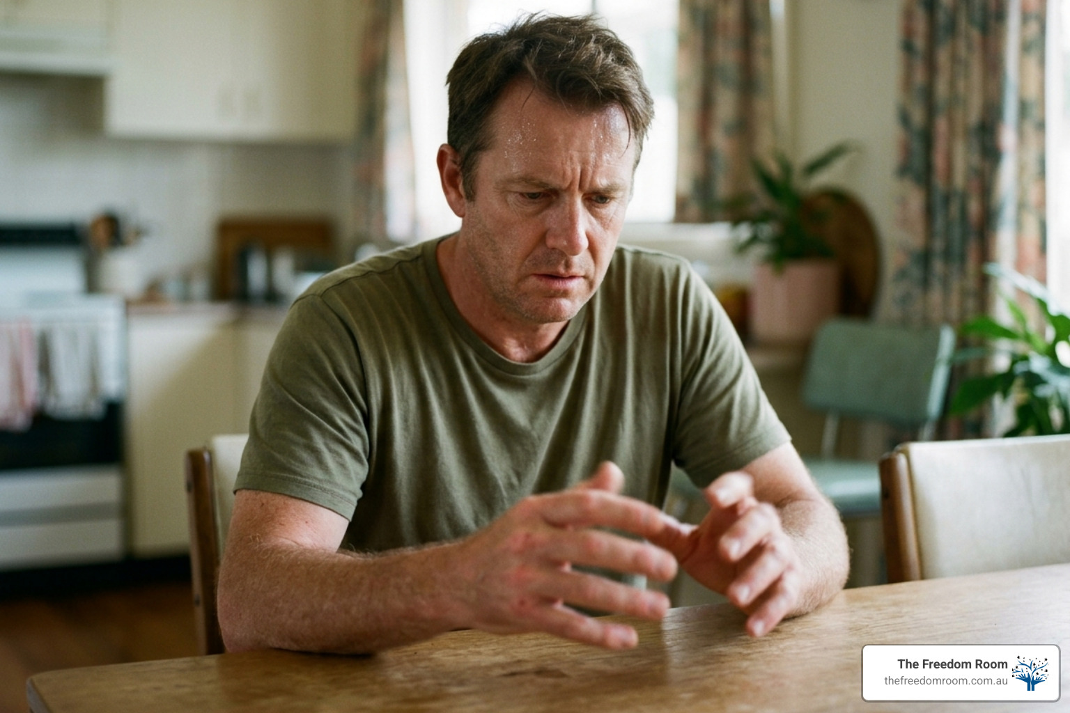 A man sitting at a table looking at his trembling hands, a common physical sign when identifying what are the symptoms of DTs and severe alcohol withdrawal. A man sitting at a table looking at his trembling hands, a common physical sign when identifying what are the symptoms of DTs and severe alcohol withdrawal.