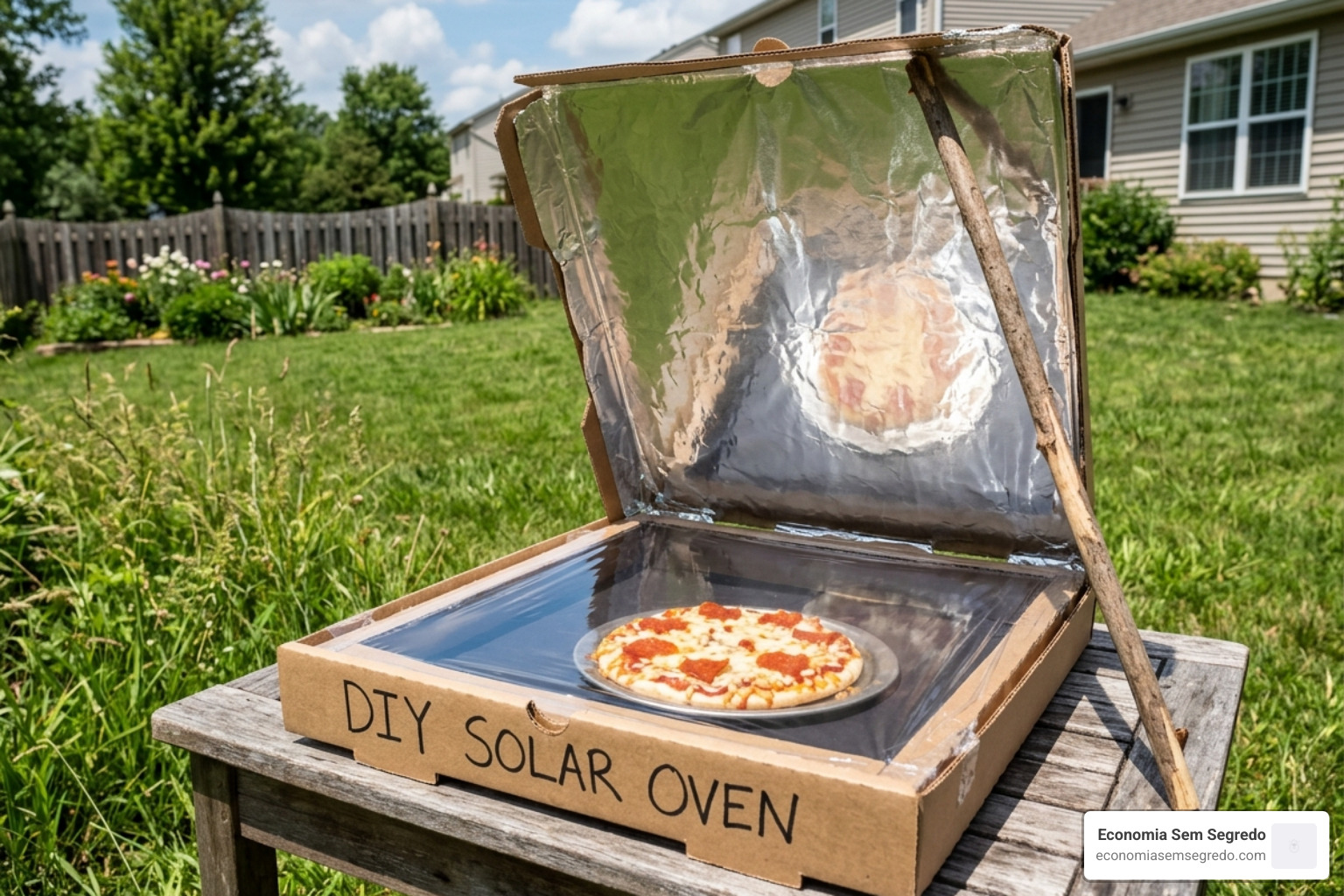 DIY pizza box solar oven with a foil reflector propped up by a stick - folding solar oven design DIY pizza box solar oven with a foil reflector propped up by a stick - folding solar oven design