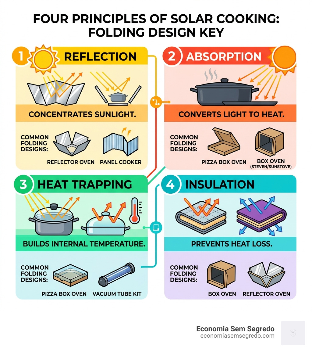 Four principles of solar cooking: reflection, absorption, heat trapping, insulation with design types - folding solar oven Four principles of solar cooking: reflection, absorption, heat trapping, insulation with design types - folding solar oven