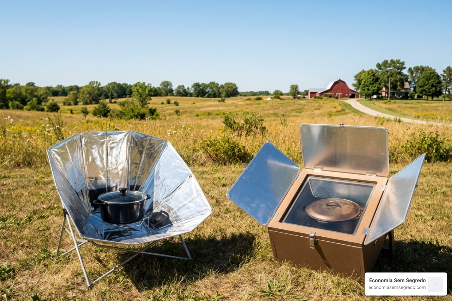 Panel-style solar cooker versus a box-style cooker in a field - folding solar oven design Panel-style solar cooker versus a box-style cooker in a field - folding solar oven design