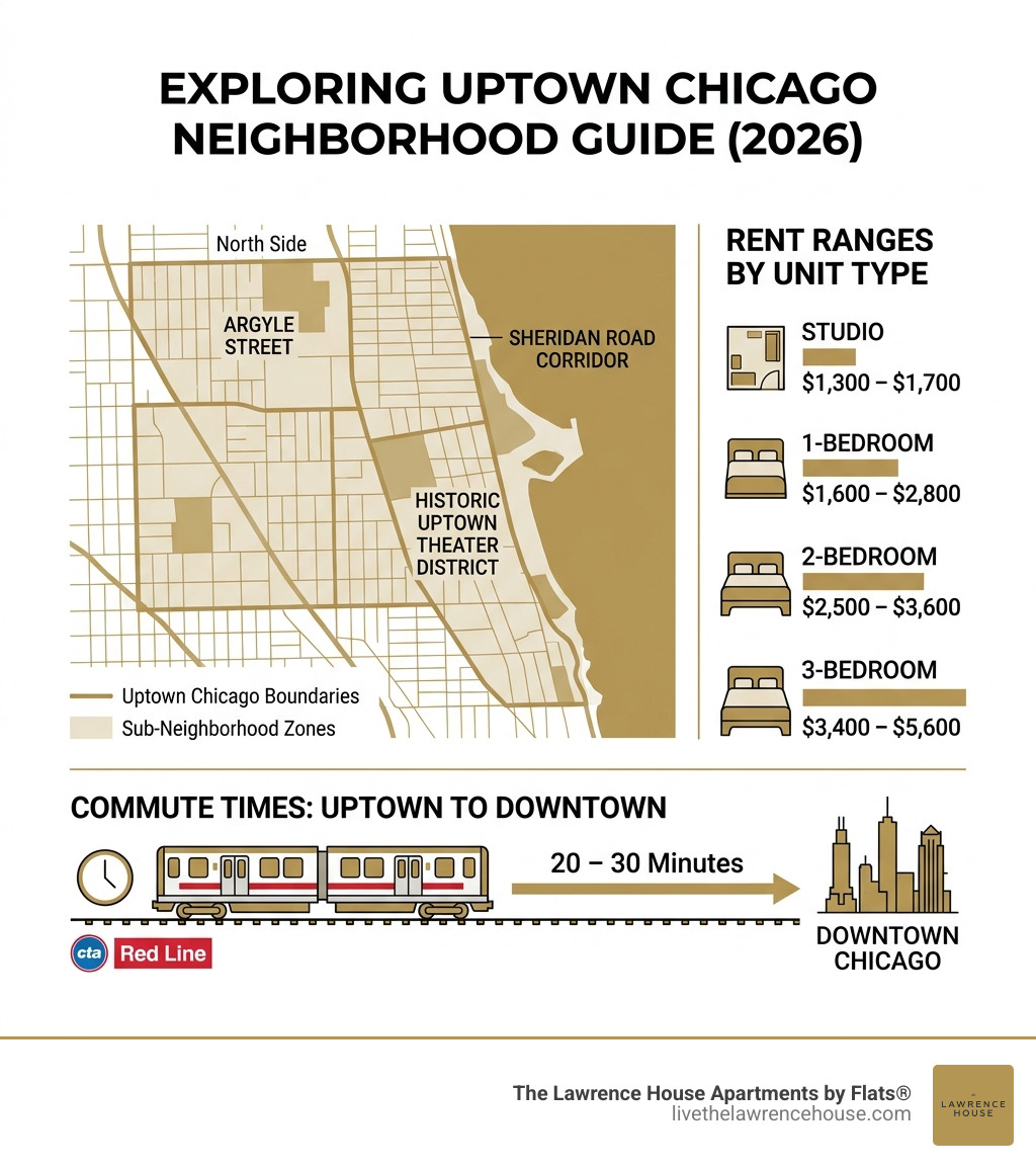 Infographic showing Uptown Chicago neighborhood boundaries, sub-neighborhoods, rent ranges by unit type, and commute times