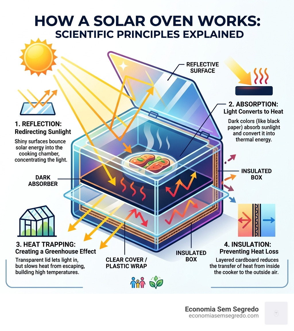 How a solar oven works: reflection, absorption, heat trapping, and insulation steps explained - easy solar cooker