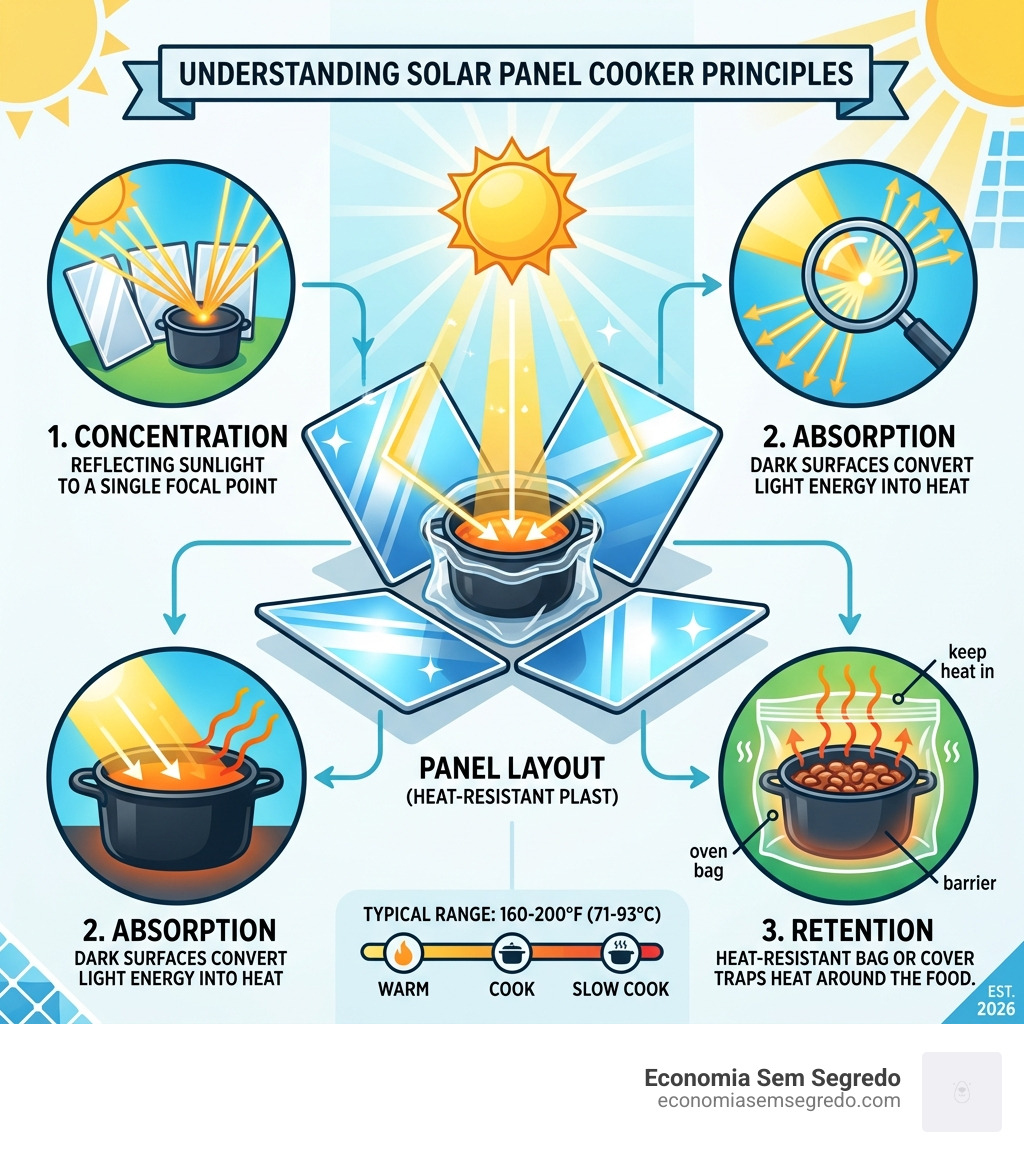 Infographic showing solar panel cooker principles: concentration, absorption, and retention with panel layout - how to build Infographic showing solar panel cooker principles: concentration, absorption, and retention with panel layout - how to build