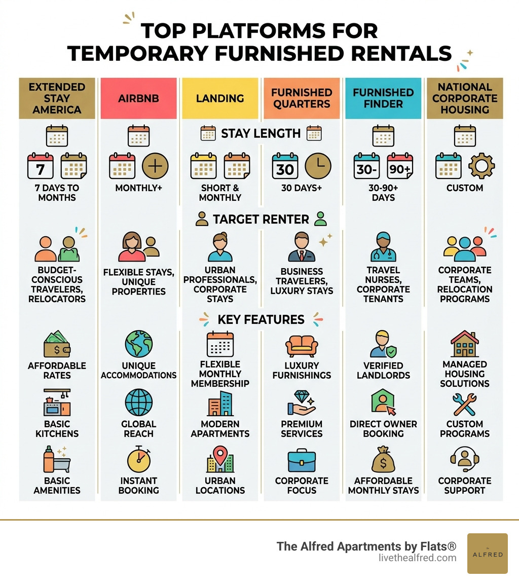 Infographic comparing top platforms for temporary furnished rentals by stay length, target renter, and key features