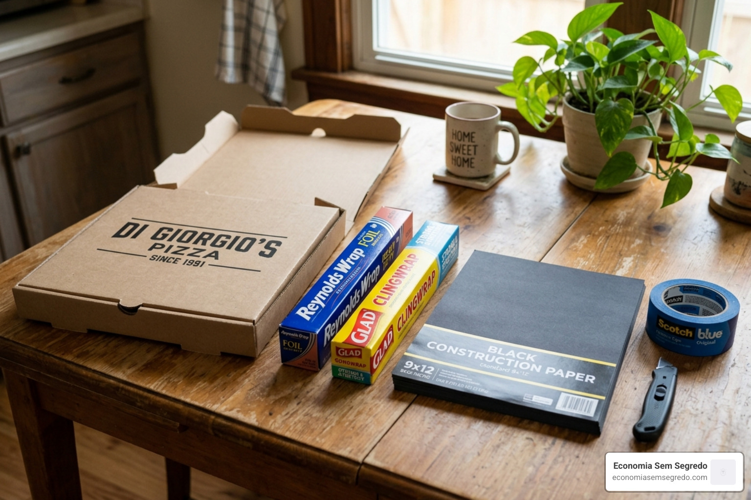 Materials needed for a DIY solar oven: pizza box, foil, tape, and plastic wrap - easy solar cooker