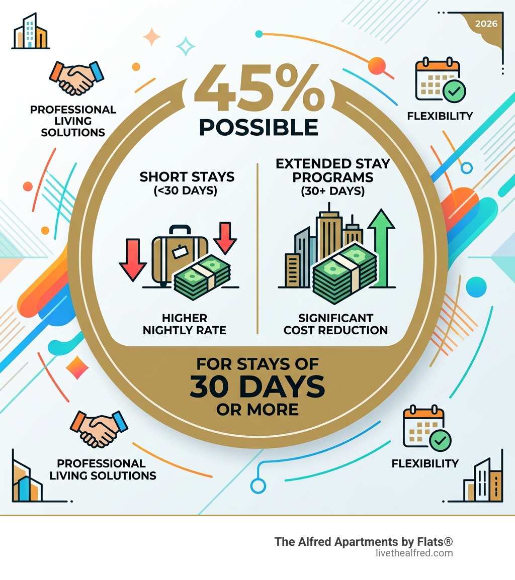 Stat showing that 45% savings are possible for stays of 30 days or more in extended stay programs - temporary furnished