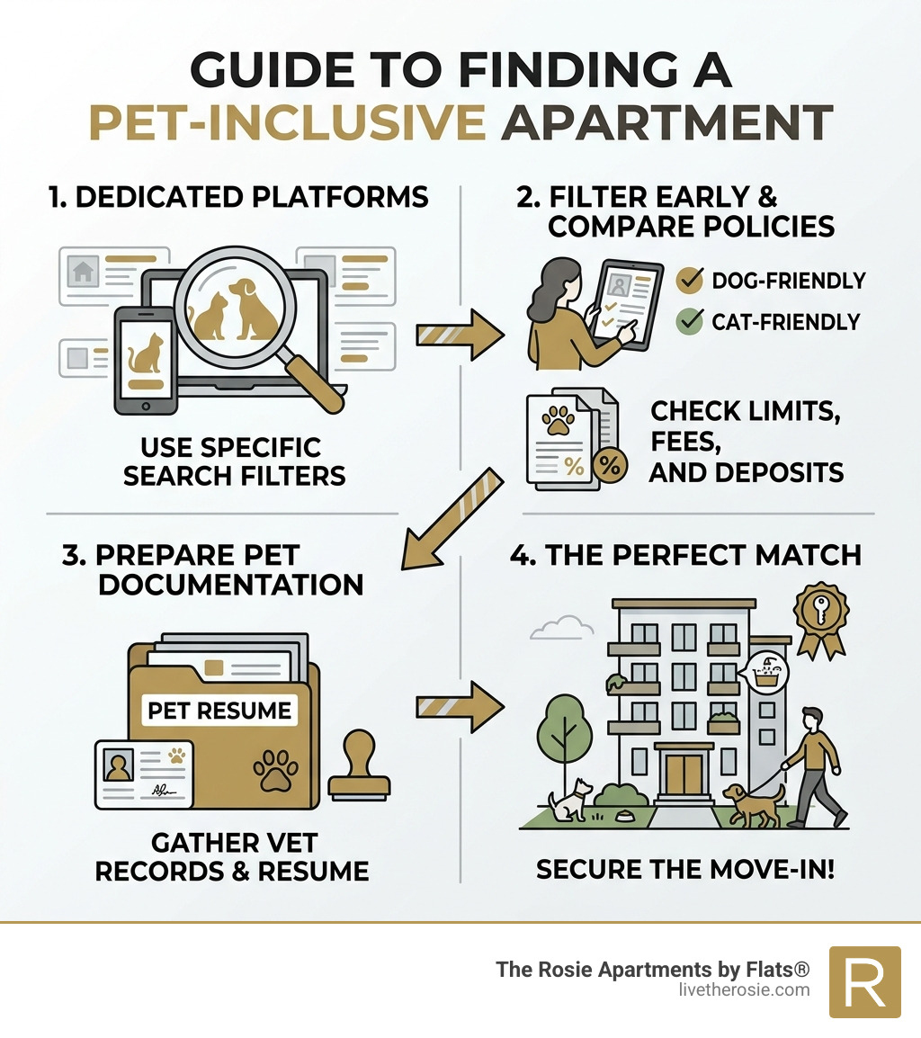Infographic showing the pet-inclusive apartment search journey from platforms to policies to move-in - Pet friendly