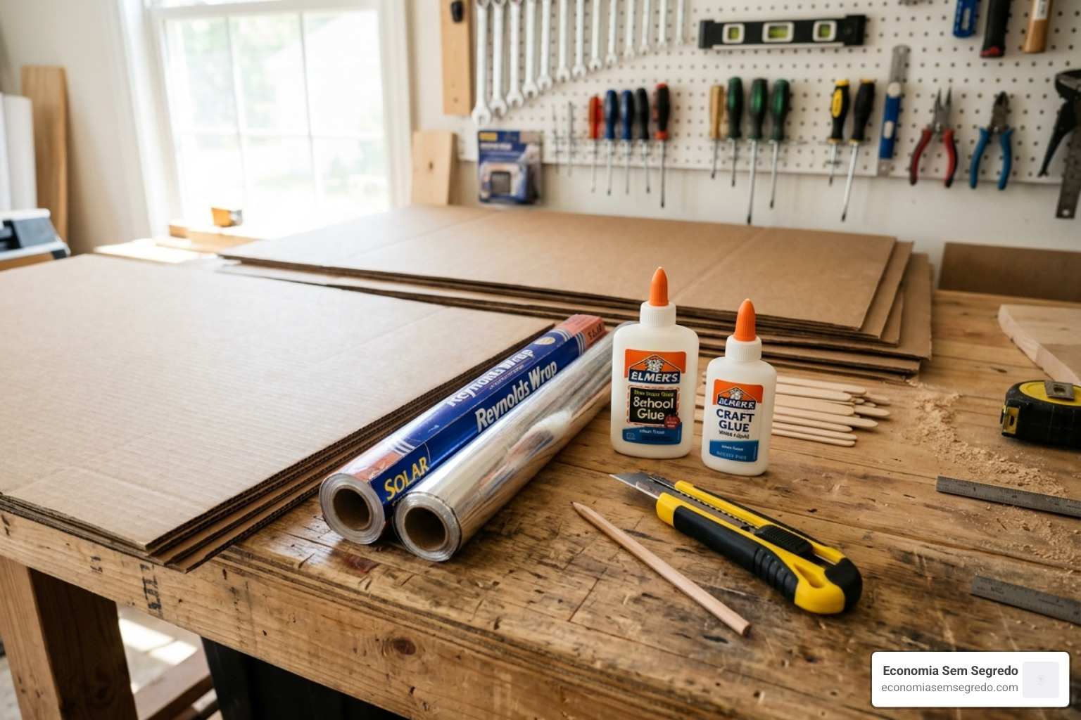 Materials for solar cooker including cardboard, foil, and glue on a workbench - how to build a solar panel cooker Materials for solar cooker including cardboard, foil, and glue on a workbench - how to build a solar panel cooker