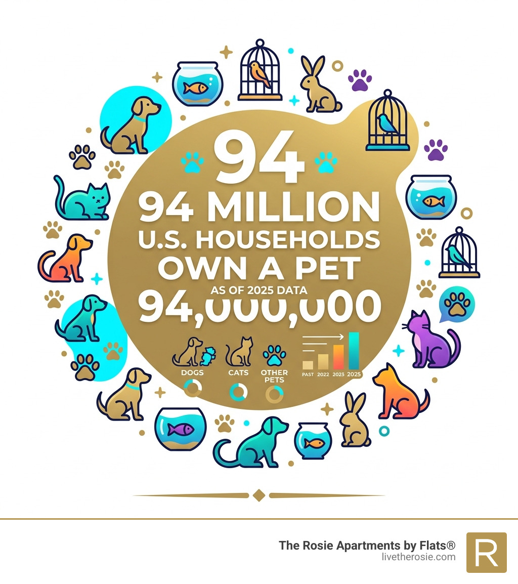 Stat showing 94 million U.S. households own a pet as of 2025 data - Pet friendly apartment search infographic 
