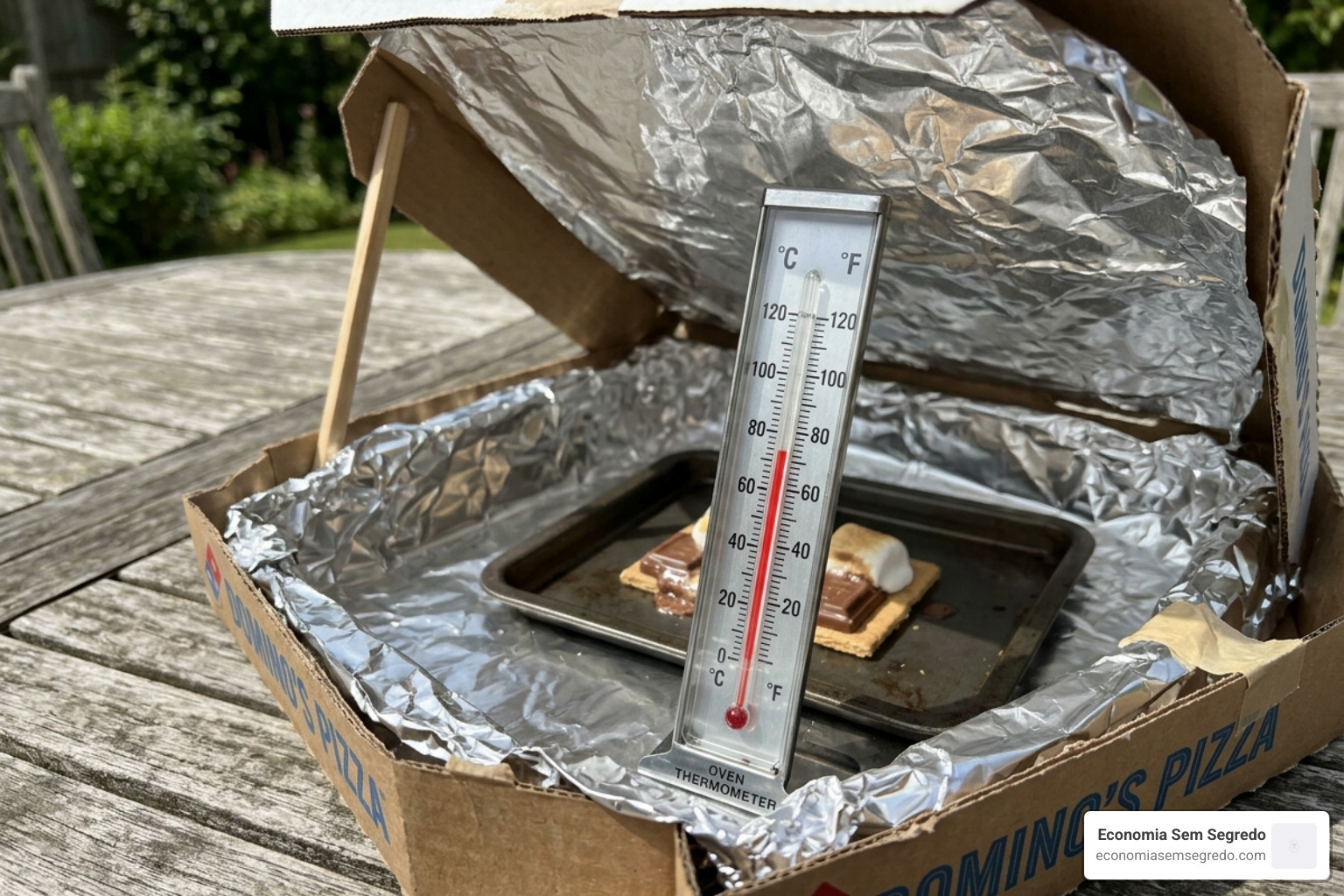 A thermometer inside a solar oven showing rising temperatures - easy solar cooker