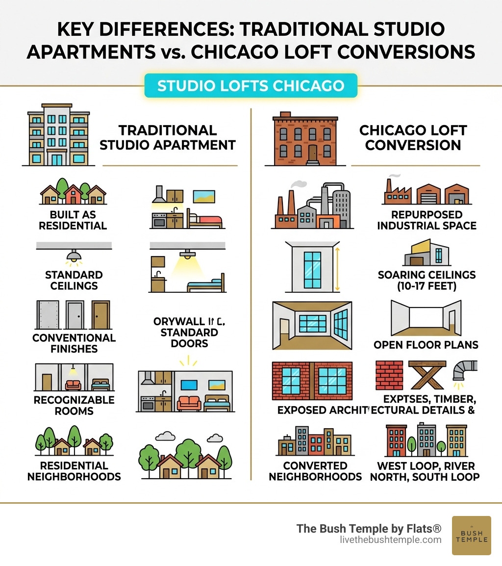 Key differences between traditional studio apartments and Chicago loft conversions - studio lofts chicago infographic 