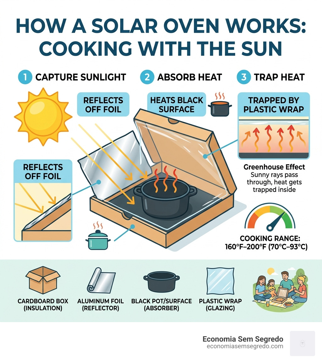 Infographic showing how solar ovens work: sunlight reflects off foil, heats black surface, trapped by plastic wrap