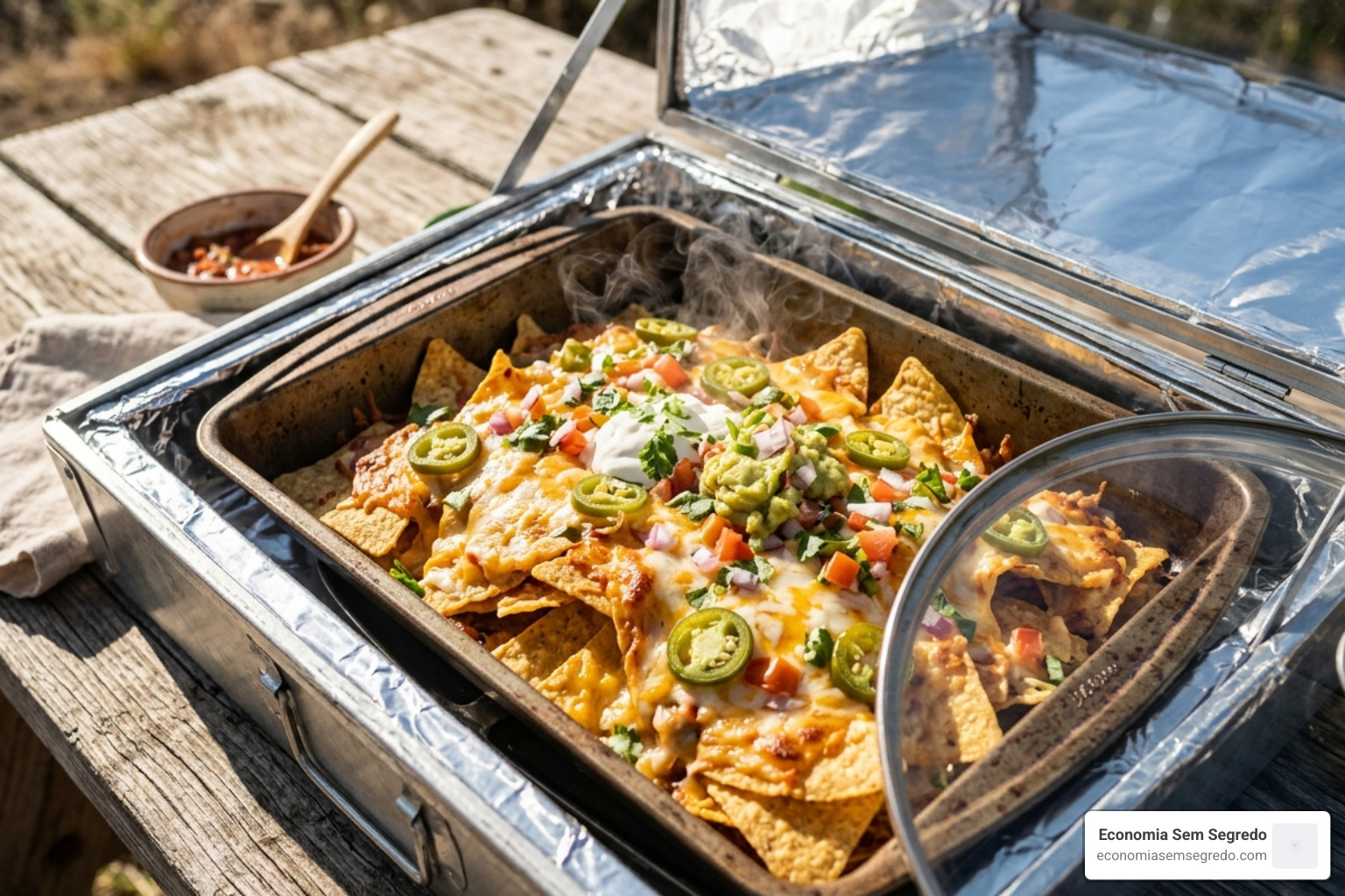 Golden-brown solar-cooked nachos with melted cheese and jalapeños - homemade solar oven recipes