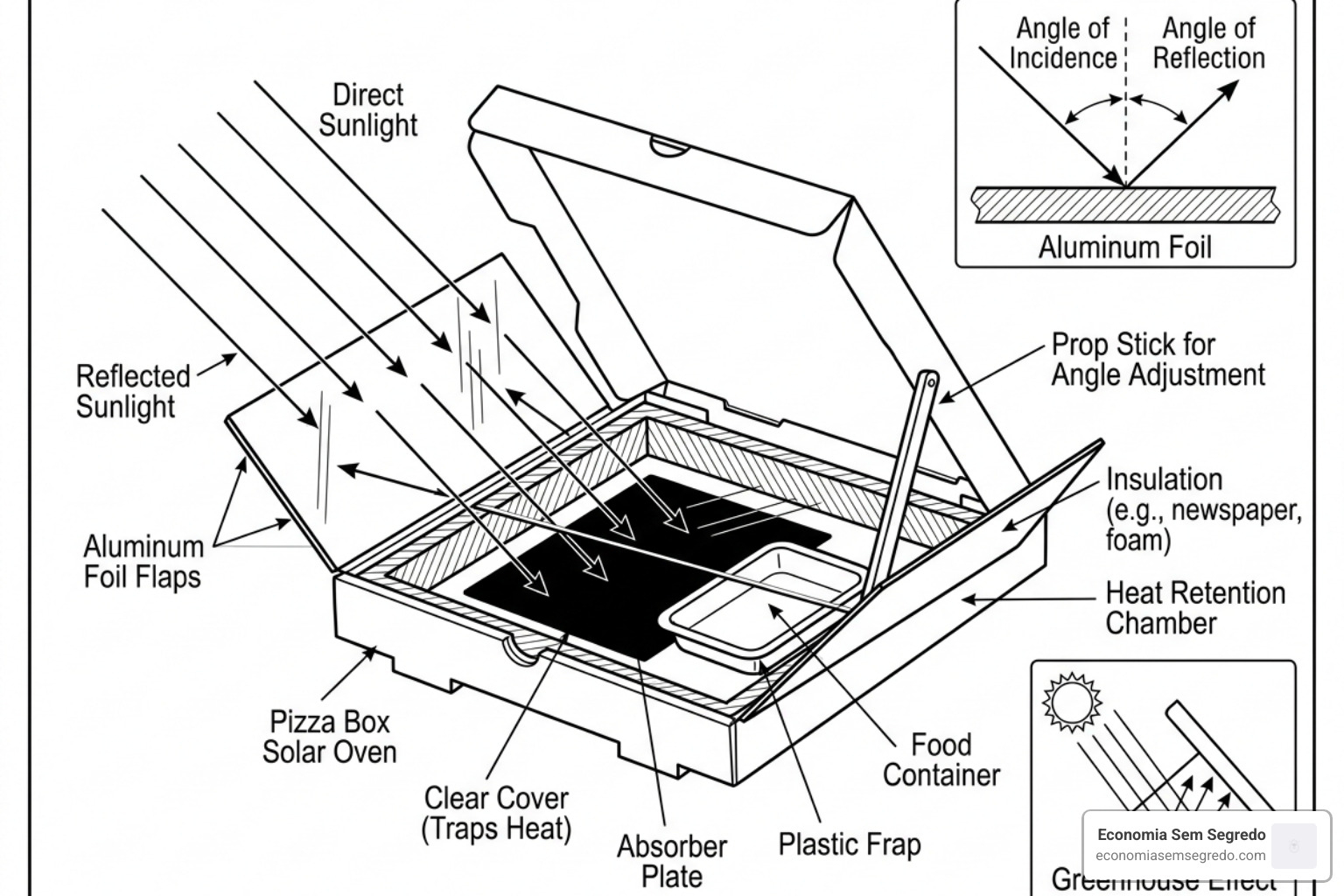 A diagram of sunlight reflecting off aluminum foil into a cardboard box - homemade solar oven recipes