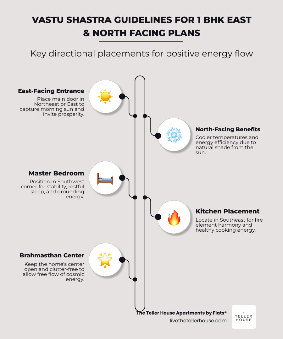 Infographic showing the flow of movement in a Vastu-compliant 1 BHK house plan - 1 bhk blueprint infographic Infographic showing the flow of movement in a Vastu-compliant 1 BHK house plan - 1 bhk blueprint infographic