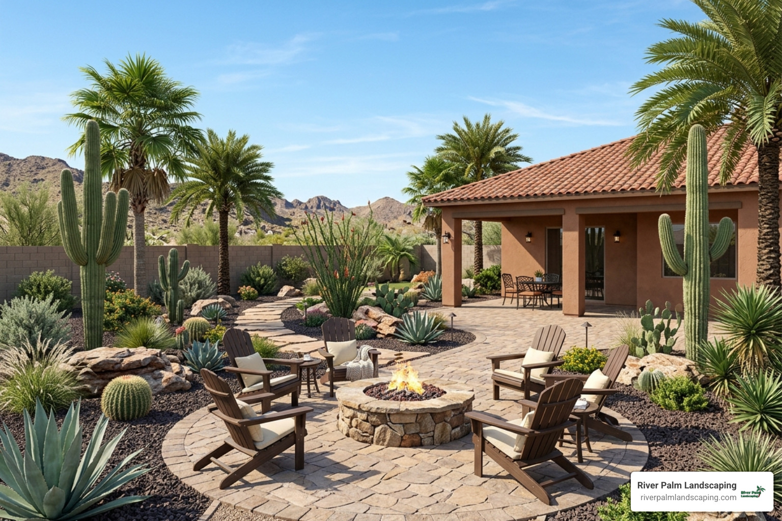 A detailed 3D landscape rendering showing a backyard layout with fire pit and desert plants - arizona desert landscape
