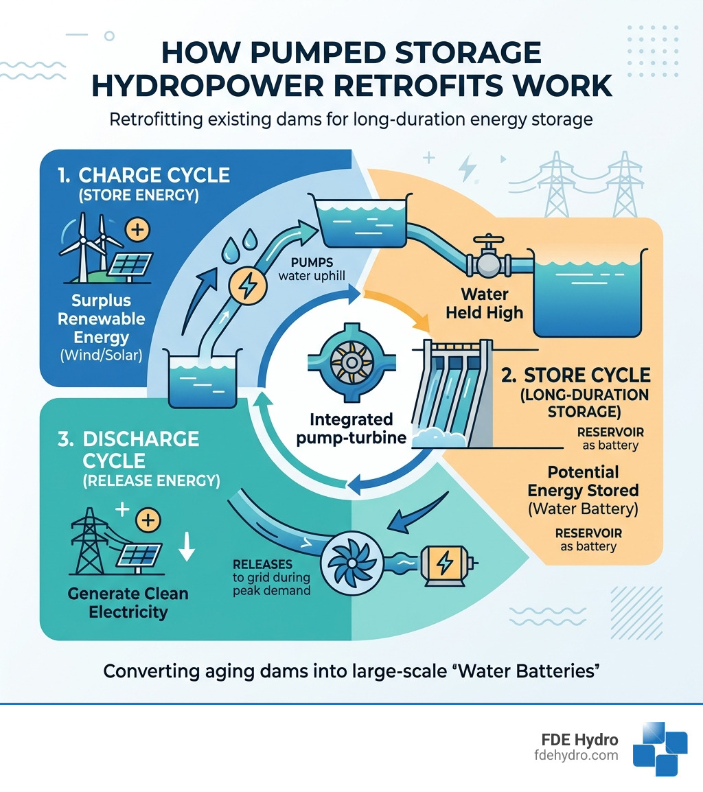 How pumped storage hydropower retrofits work: charge, store, discharge cycle infographic - pumped storage hydropower