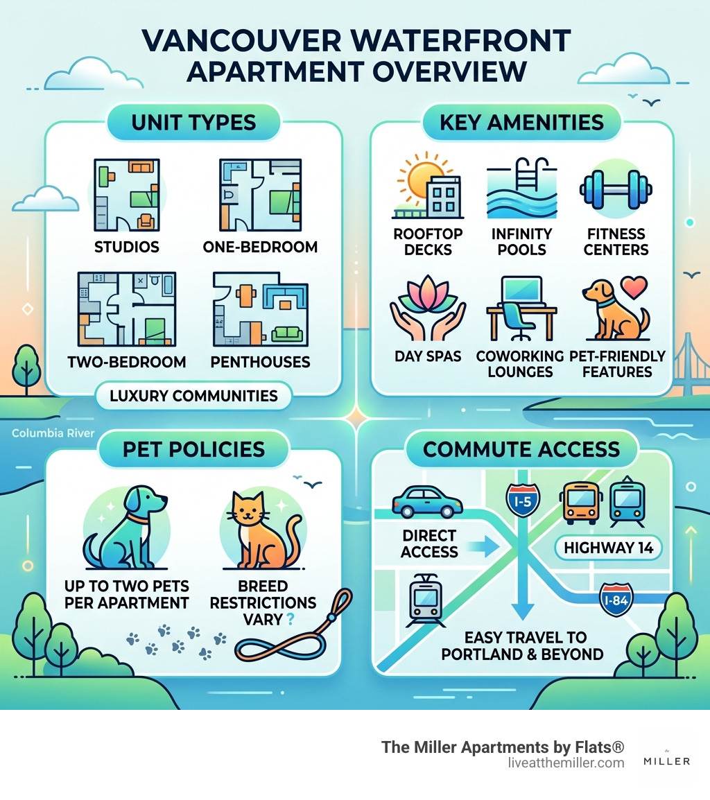 Infographic: Vancouver Waterfront apartment overview including unit types, amenities, pet policies, and commute access