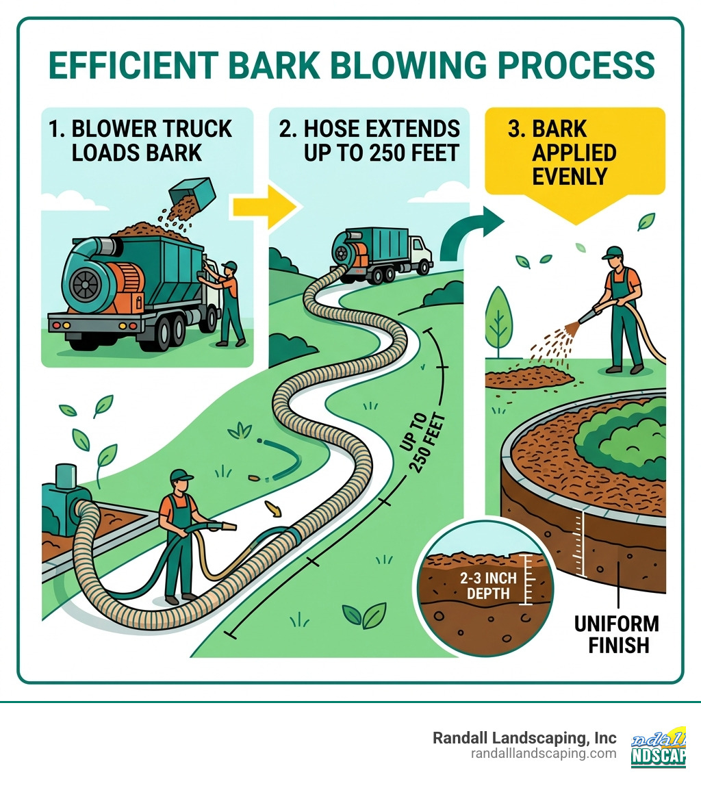 Infographic showing the bark blowing process: blower truck loads bark, hose extends up to 250 feet, bark is applied evenly
