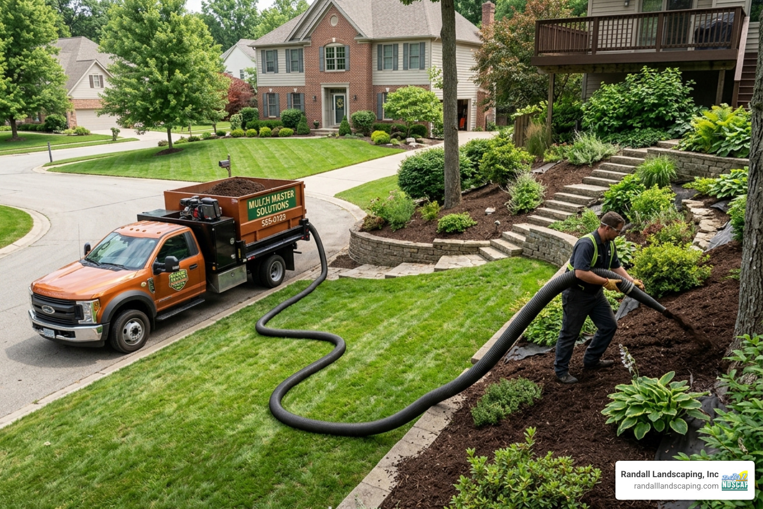 Long blower hose reaching a steep backyard slope, showing the reach and precision of the equipment - blown in bark dust near